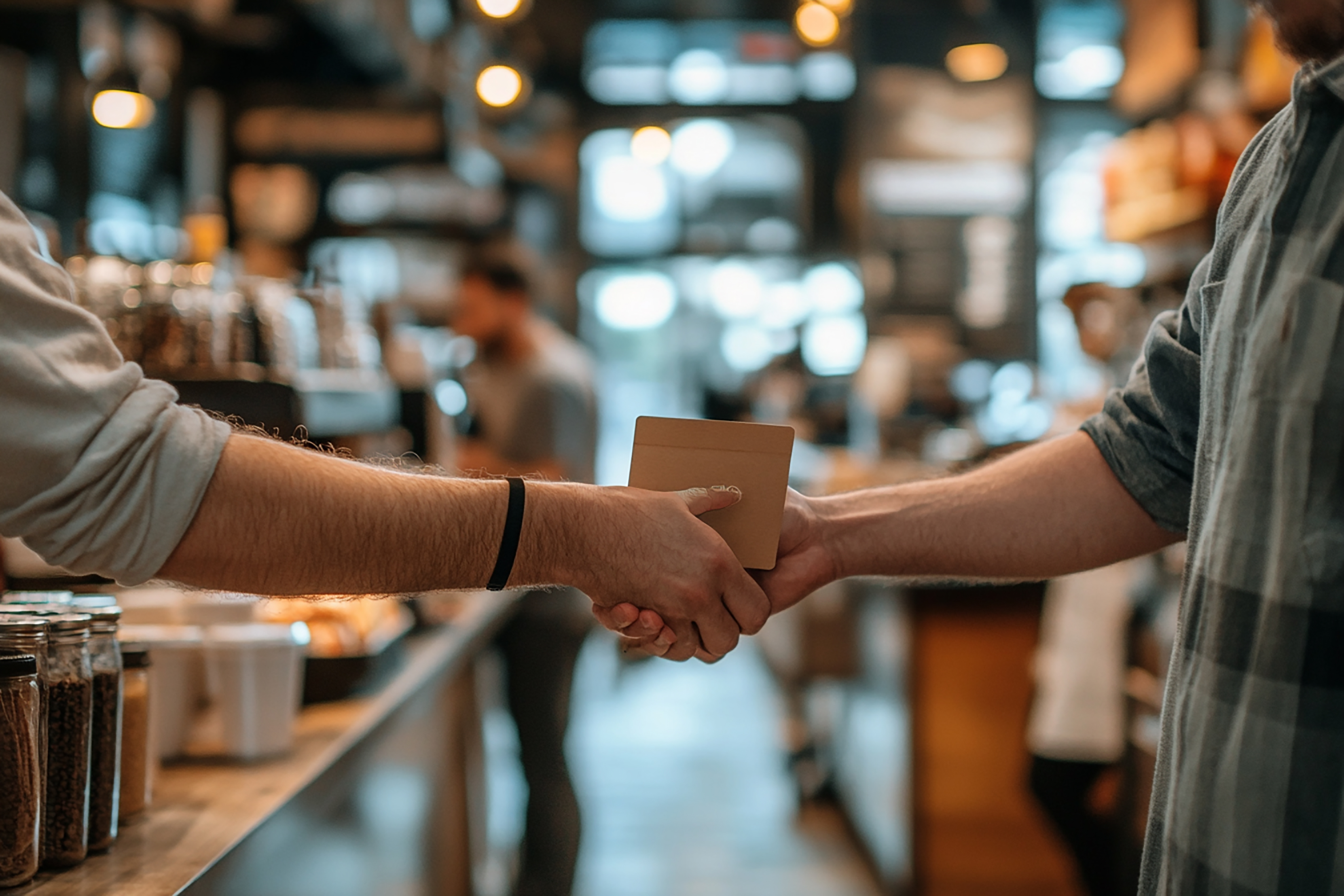 Two people exchanging a card at a coffee shop counter