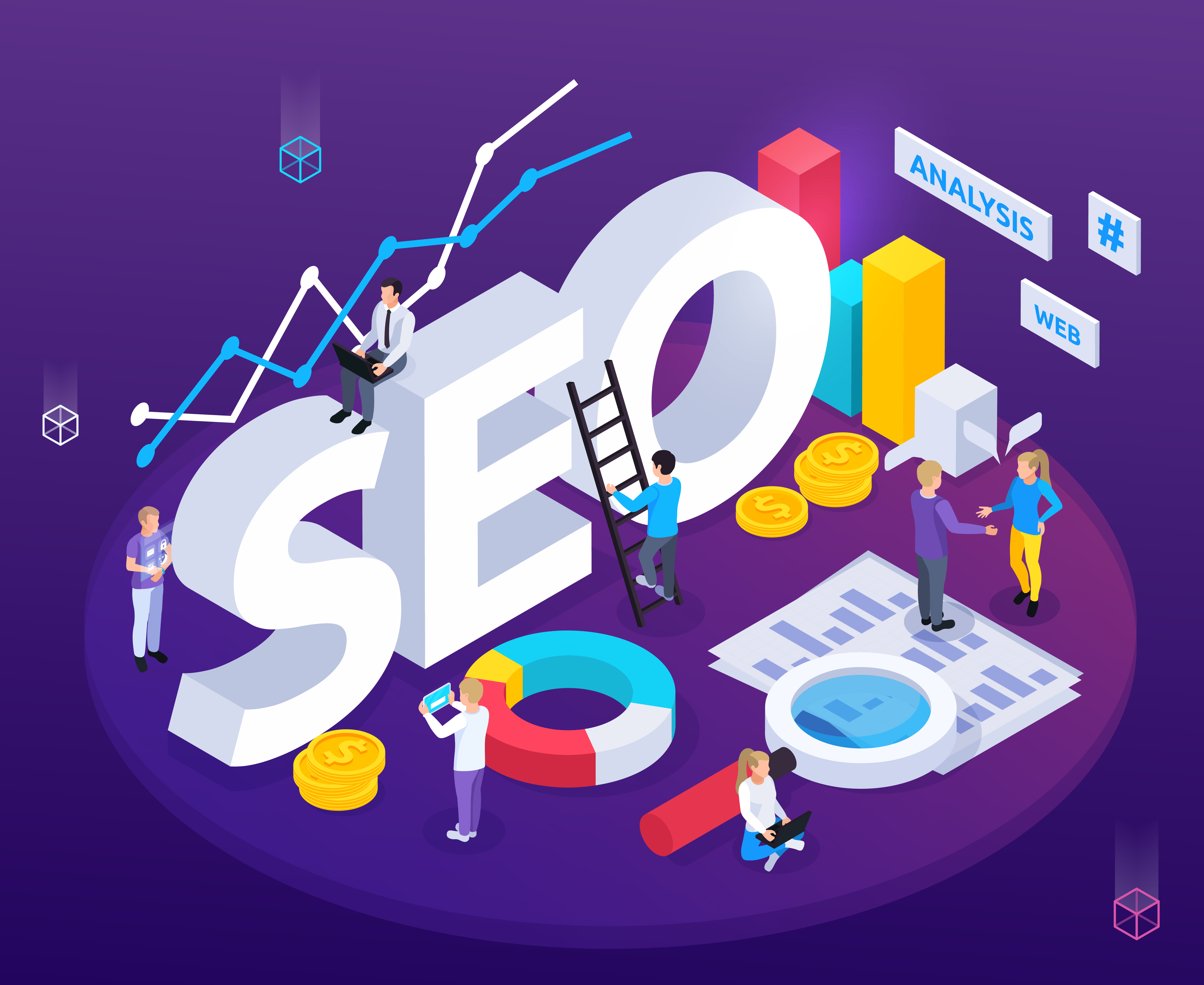 SEO Analysis Isometric Composition Technical SEO vs On-Page SEO: Why Your Website Needs Both to Rank